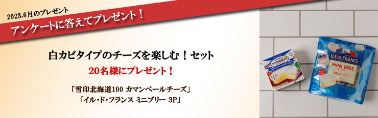 2023.6月のプレゼント アンケートに答えてプレゼント! 白カビタイプのチーズを楽しむ!セット 20名様にプレゼント! 「雪印北海道100 カマンベールチーズ」「イル・ド・フランス ミニブリー 3P」