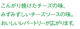 こんがり焼けたチーズの味、みずみずしいチーズソースの味。おいしいレパートリーが広がります。