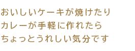 おいしいケーキが焼けたりカレーが手軽に作れたらちょっとうれしい気分です