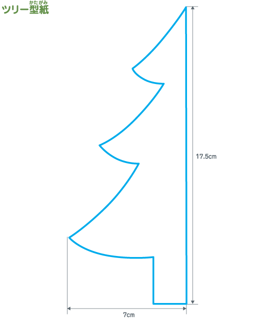 ツリー型紙（紙を半分におって、図のようにツリーをかたどり重ねて切りとります。）