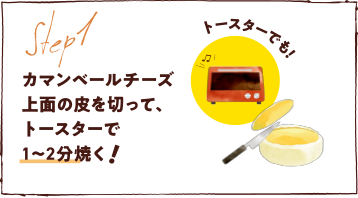 カマンベールチーズ上面の皮を切って、トースターで1～2分焼く