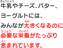 牛乳やチーズ、バター、ヨーグルトには、みんなが大きくなるのに必要な栄養がたっぷり含まれています。
