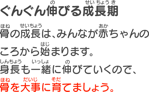 ぐんぐん伸びる成長期　骨の成長は、みんなが赤ちゃんのころから始まります。身長も一緒に伸びていくので、骨を大事に育てましょう。