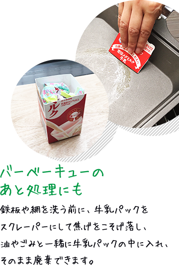 バーべーキューのあと処理にも 鉄板や網を洗う前に、牛乳パックをスクレーパーにして焦げをこそげ落し、油やごみと一緒に牛乳パックの中に入れ、そのまま廃棄できます。