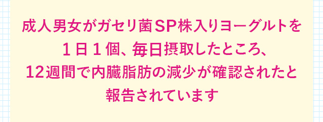 成人男女がガセリ菌SP株入りヨーグルトを1日1個、毎日摂取したところ、12週間で内臓脂肪の減少が確認されたと報告されています