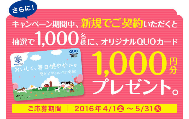 さらに！キャンペーン期間中、新規でご契約いただくと抽選で1000名様に、オリジナルQUOカード1000円分プレゼント。ご応募期間2016年4/1～5/31