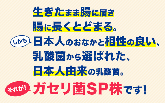 生きたまま腸に届き腸に長くとどまる。しかも日本人のおなかと相性の良い、乳酸菌から選ばれた、日本人由来の乳酸菌。それが！ガセリ菌SP株です！