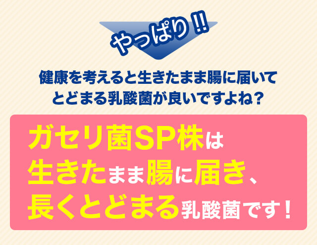 やっぱり！健康を考えると生きたまま腸に届いてとどまる乳酸菌が良いですよね？ガセリ菌SP株は生きたまま腸に届き、長くとどまる乳酸菌です！