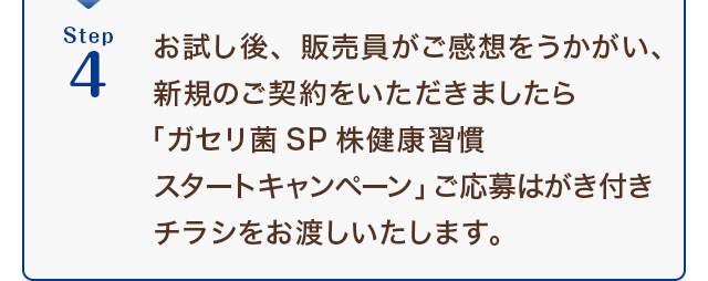 Step4 お試し後、販売員がご感想をうかがい、新規のご契約をいただきましたら「ガセリ菌SP株健康習慣スタートキャンペーン」ご応募はがき付きチラシをお渡しいたします。